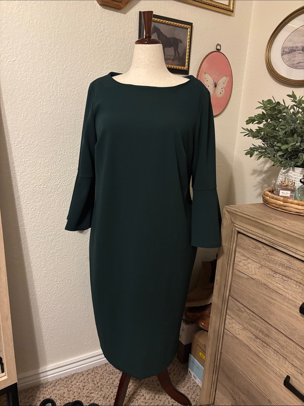 Calvin Klein Bell Sleeve Forest Green Sheath Dress - Size 16W